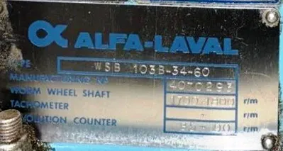 Alfa-Laval WSB 103B-34-60 clarifier centrifuge, 316SS.