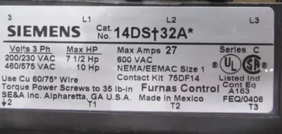 NEW SIEMENS 17DSE92NF COMBINATION STARTER 14DS+32A 49EC17BN241108R SIZE 1