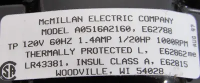 NEW MCMILLAN ELECTRIC A0516A2160 FAN MOTOR 120V 1/20TH HP TRANE X55010008490