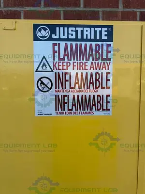 USED JUSTRITE 45 GALLON FLAMMABLE LIQUID STORAGE CABINET W/ SOFT CLOSE DOORS, KEY