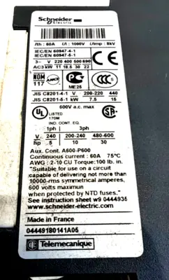 NEW SCHNEIDER ELECTRIC LC1D40G7 CONTACTOR 40AMP LC1D40