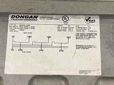 USED DONGAN AUTO TRANSFORMER 3-PHASE 480V 9KVA