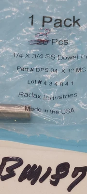 New | in-Stock Radax Industries Radax Dowel Pin Stainless Steel 1/4" x 3/4" DPS04X12MC Dowel Machines Arizona US | ASSET CONVERSION SPECIALISTS, INC. #1286870