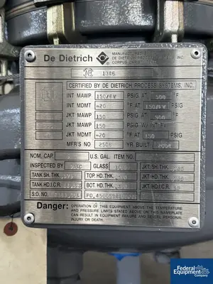 USED De Dietrich 5 Gal DeDietrich Glass Lined Reactor, 150/150#