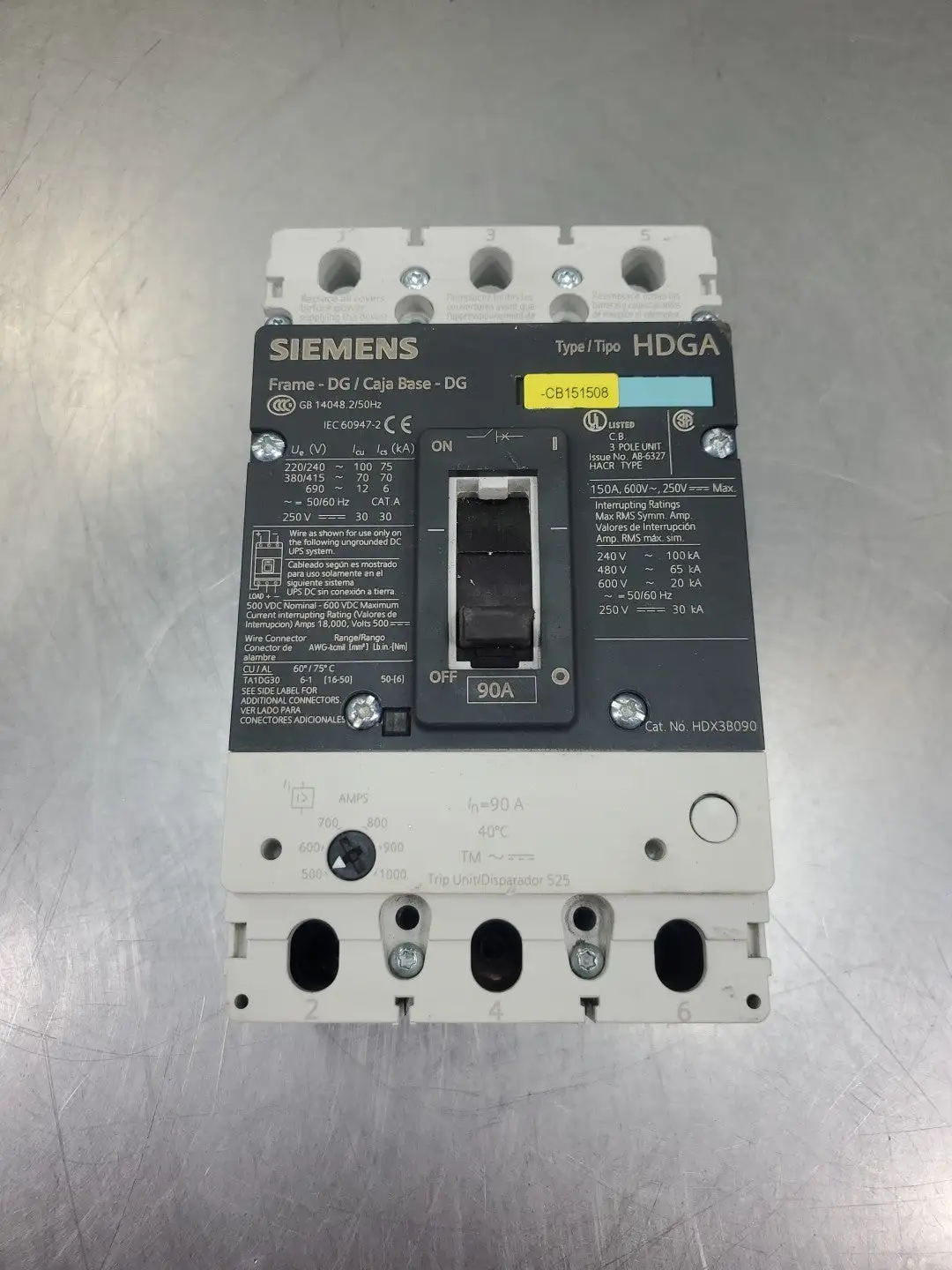USED Siemens HDX3B090 Circuit Breaker, 90A, 3 Pole, 220-600V, Type HDGA