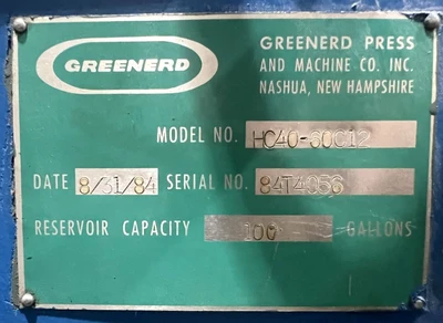 USED GREENERD PRESSES GREENERD HC40-60C12 PRESS