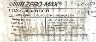 NEW ZERO-MAX TT3X-C-008-011-001 TORQ-TENDER COUPLING W/1.500 BORE TT3XC008011001