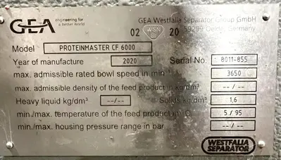 GEA Westfalia ProteinMaster CF 6000 sanitary tricanter centrifuge, 316SS.