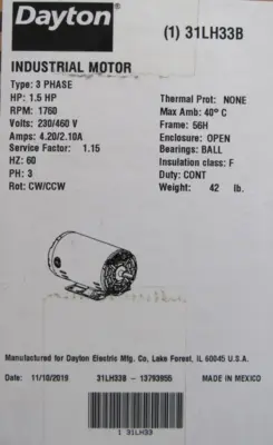 NEW DAYTON 31LH33B MOTOR 1.5HP 230/460V 1760RPM 31LH33