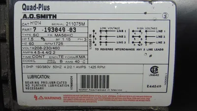 A.O. Smith H1014 Electric Motor 1.5 HP 208-230/460V 1725 RPM 7-193049-03 Used