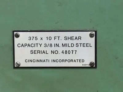10' X 3/8" CINCINNATI MODEL #375X10 HYDRAULIC SHEAR: STOCK #22818