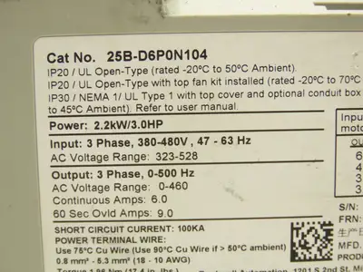 Allen Bradley 25B-D6P0N104 Powerflex 525 3Hp VFD AC Drive 480V 50/60Hz FRN 5.001