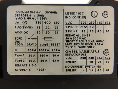Siemens 3RT1036-1AG24 Motor Starter Contactor w/Varistor 50HP 600V 3PH 120V Coil