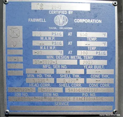 Unused Fabwell Carbon Steel Product Fractionator – Vertical, 100 PSI, 32' Height