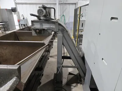 Hyundai SKT-300 CNC Lathe w/ Tailstock and Indexer, 10 Slot Turret, LNS Conveyor, 3-Jaw Chuck, Fanuc