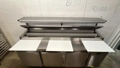 Used Kairak Used 91" Kairak KBP-91S 3 Door Refrigerated Stainless Steel Prep Table - 115V - JJ - 2 Food Prep Tables Illinois US | Falcon Restaurant Supply #1373526