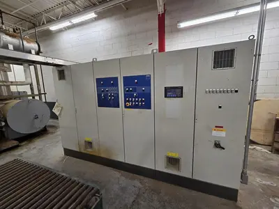 WEMHONER 5’ x 10’ SINGLE-OPENING SHORT-CYCLE FEED-THROUGH HOT PRESS WITH AUTOMATIC MATERIAL MEASURING/PRESSURE SYSTEM