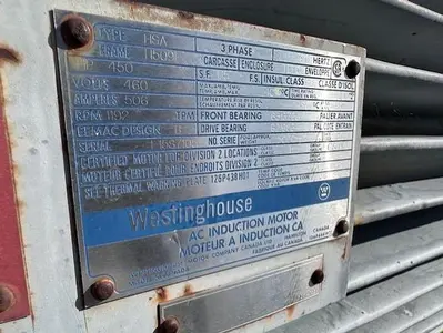 Westinghouse 450 HP Electric Motor, 1192 RPM, 460 Volt Motor SN 115S7105