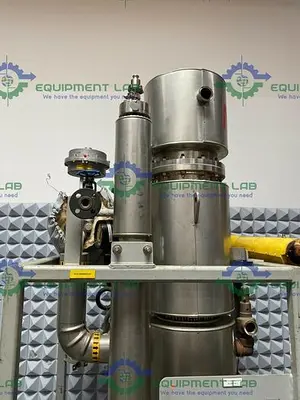 USED MECO VERTICAL SHELL & STRAIGHT TUBE HEAT EXCHANGER 125 PSIG W/ SS FRAME & GAUGES