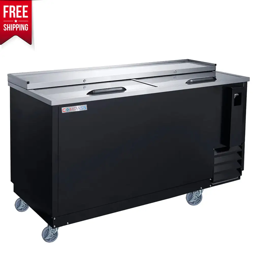 Compass 64" Horizontal Bottle Cooler A€“ Stainless Steel, Sliding Lids, Built-In Bottle Opener