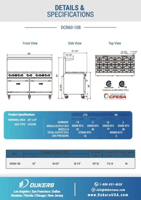 New | in-Stock Dukers New Dukers DCR60-10B 60" Gas Cooktop Range with Ten (10) Open Burners Commercial Ranges Illinois US | Falcon Restaurant Supply #1376279