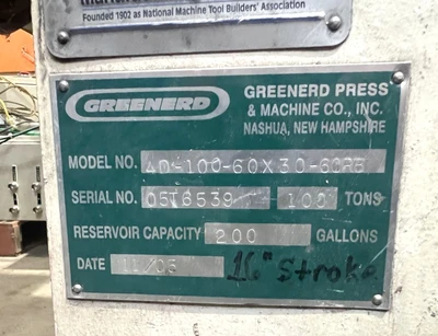 USED 2005 GREENERD PRESSES GREENERD 4D-100-60X30-60R8 PRESS