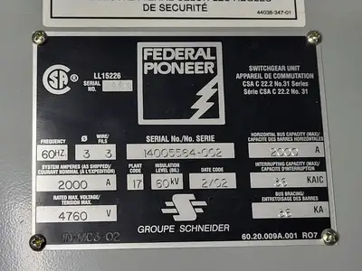 2000 Amps, 4760 Volts, 3 Phase Switchgear Unit