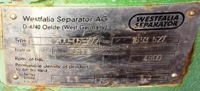 (3) Westfalia HSA 200-36-777 clarifier centrifuges, 316SS.