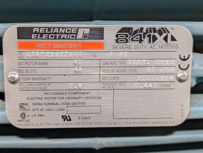 20 HP Reliance Electric 841XL Severe Duty AC Motor 1760 RPM 460V 405T Frame Used