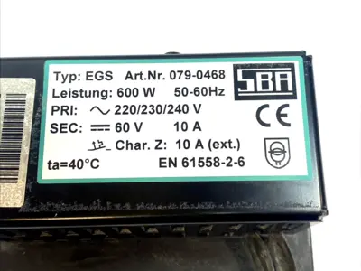 USED SBA 600W 60V 10A SAFETY ISOLATING TRANSFORMER 220/240V