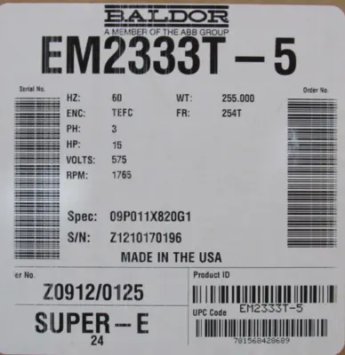 NEW BALDOR EM2333T-5 MOTOR 15HP 575V 254T 1765RPM 1-5/8" DIA.
