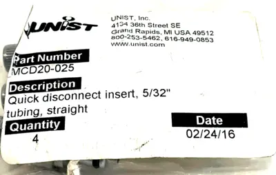 NEW UNIST MCD20-025 QUICK DISCONNECT 5/32" STRIGHT TUBING MCD20025
