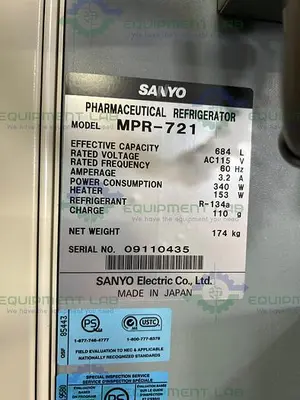 USED SANYO MPR-721 LARGE CAPACITY PHARMACEUTICAL +4°C REFRIGERATOR  115V 24.2 CU. FT.
