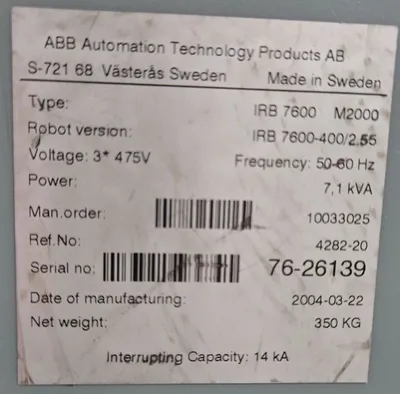 USED 2004 ABB IRB 7600-400/2.55