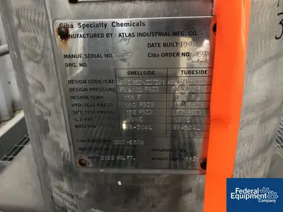 USED Atlas Industrial Manufacturing 2,122 Sq Ft Atlas Heat Exchanger, 316L S/S, 102/102#