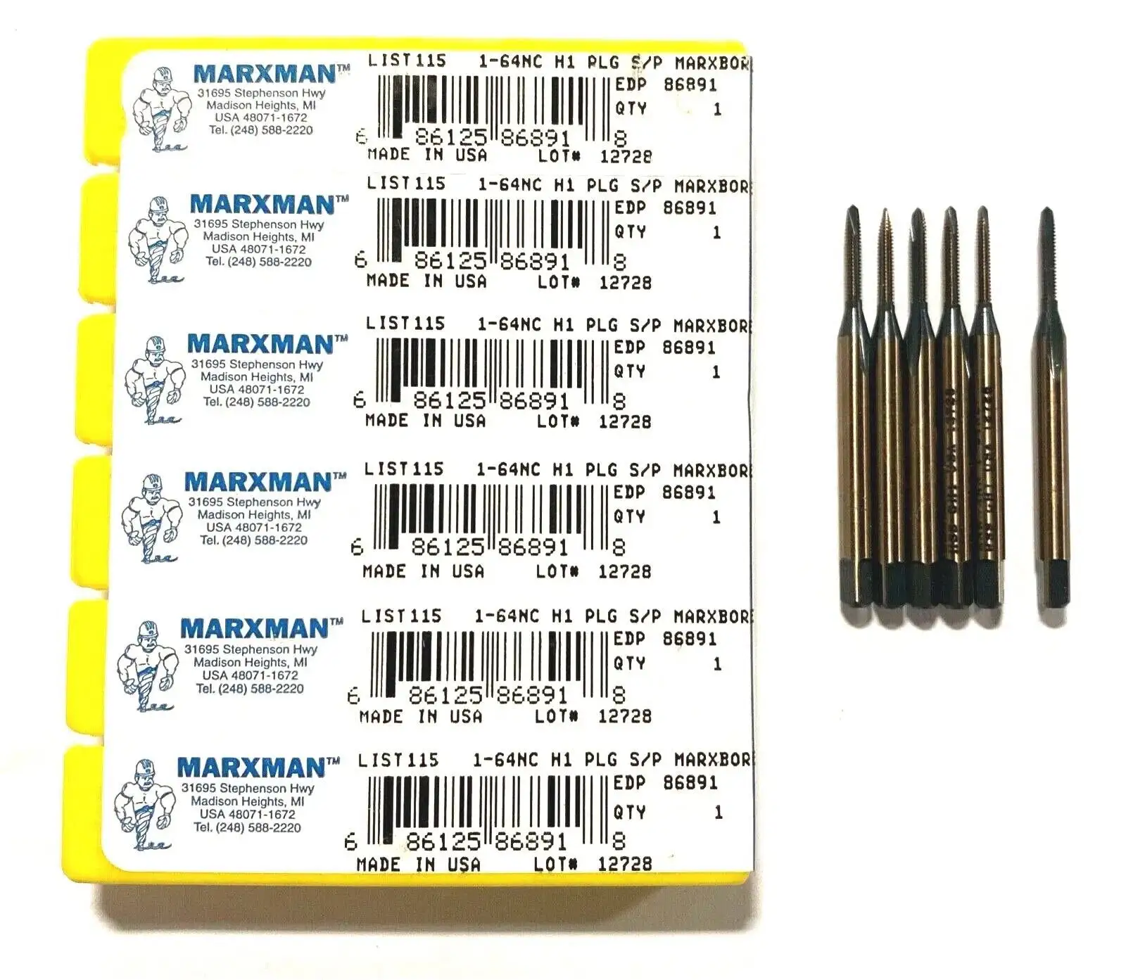 Marxman 1-64NC Tap HSS Spiral Point Plug Tap Black & Gold Coated H1 2FL USA 6pk