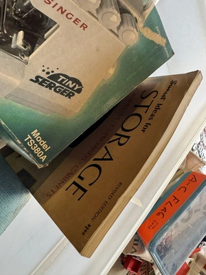 (1) Singer Tiny over edging machine, assorted patterns, and sewing items.