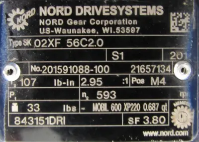 USED NORD SK02XF56C2.0 GEAR MOTOR 230/460V 3/4HP 2.95:1 IDNM3542