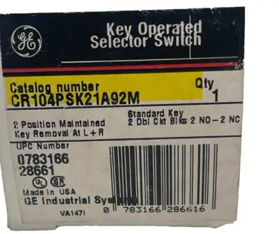NEW GENERAL ELECTRIC CR104PSK21A92M KEY OPERATOR SELECTOR SWITCH
