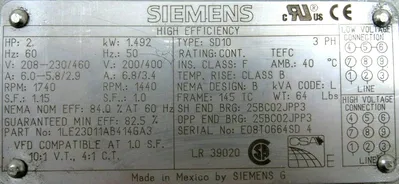 NEW SIEMENS 1LE23011AB414GA3 MOTOR TYPE SD10 2HP 1800RPM 208-230-460V 3PH