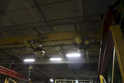 10 TON X 36' X 50' SCHUETTE BRIDGE CRANE W/ (2) 5 TON WRIGHT HOISTS: STOCK #22711