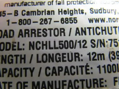 Norguard NCHLL500/12 Fall Load Arrestor SRL Self Retracting Lifeline 39' 1100Lb