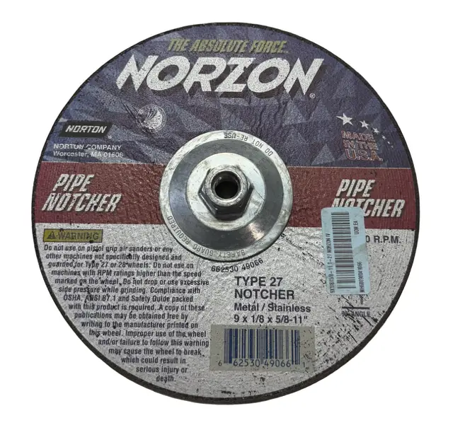 Norton NORZON 9" x 1/8" x 5/8-11 Grinding & Cut Wheel T27 Metal/Stainless USA