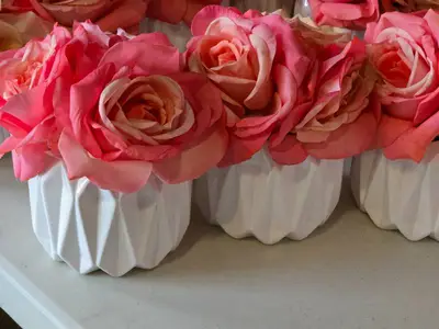 Lot of (5) Silk Faux Rose Boquet Arrangement in White Ceramic Vase (pink)