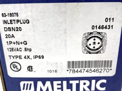 USED MELTRIC MALE INLET PLUG DSN20 1P+N+G TYPE 4X & IP69 .75HP 125VAC 20A