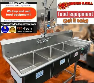 Triple pot sink with drainboard and faucet
