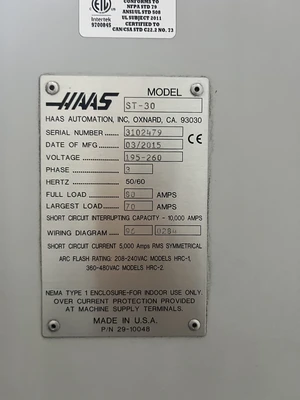 Haas ST-30 CNC Turning Center, 2015