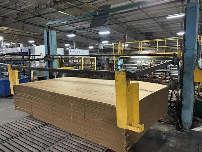 86" x 185" Universal 2 color Flexo Rotary Slotter, Sauer tooling, Sheet Stacker, Hydraulic platform lift