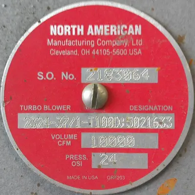 SPC9233  Blower 10,000 cfm centrifugal fan North American Mfg Co model 2324-3711-T, 100 hp, CS