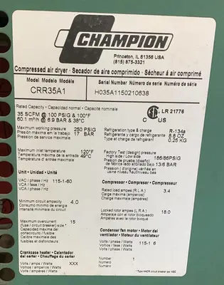 SULLAIR 20 HP SCREW-TYPE AIR-COMPRESSOR WITH CHAMPION AIR-DRYER